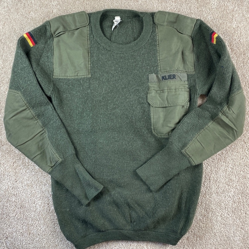 Vintage German Army Military Commando Sweater Wool Blend Olive Green KLIER Patch